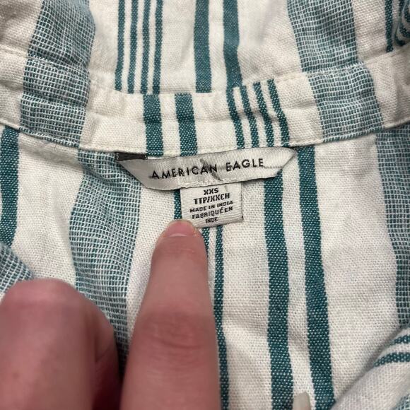 American Eagle Striped Button Front Tie Short Sleeve Shirt Sz XXS Green White - Picture 8 of 8
